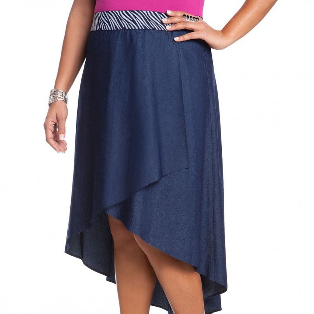 Denim High Low Skirt with Zebra waistband